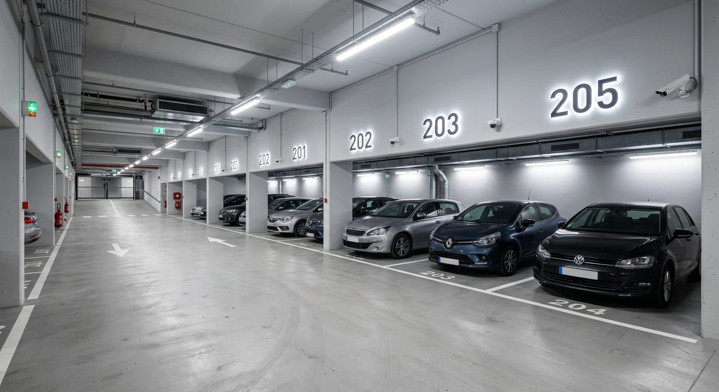 Vue d'un parking souterrain moderne et sécurisé avec places individuelles numérotées et éclairage soigné